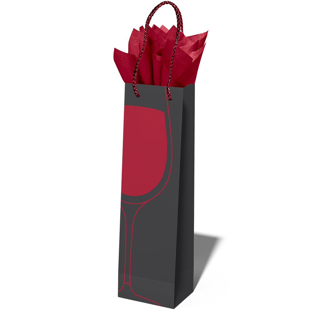 Image Sac cadeau pour bouteille de vin - Noir avec motif verre de vin rouge
